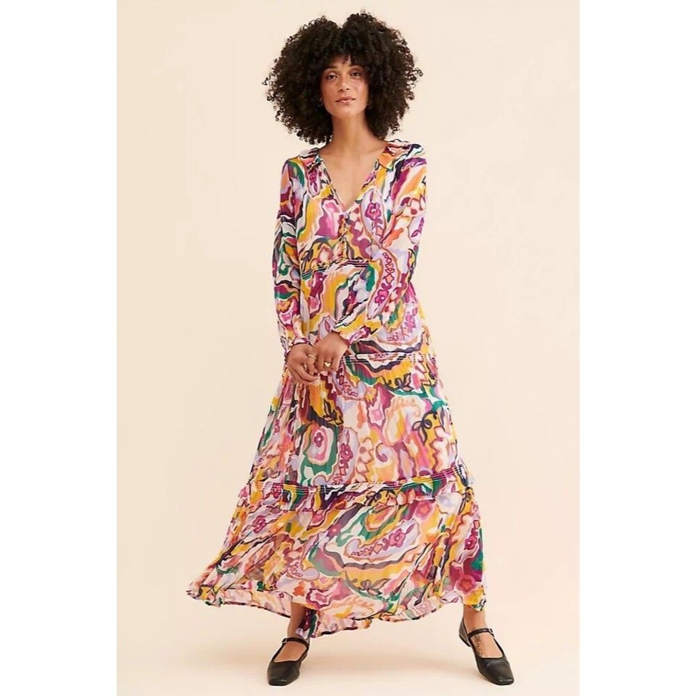 Anthropologie The Marais Chiffon Maxi Dress Abstract Floral No Slip M Medium